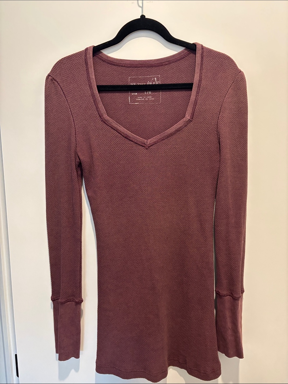 Free People Mauve Ribbed V-Neck Long Sleeve Mini Dress